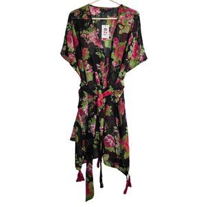 America & Beyond NWT Coverup Tassel Floral Sheer Tie Robe Black Extra Large XL
